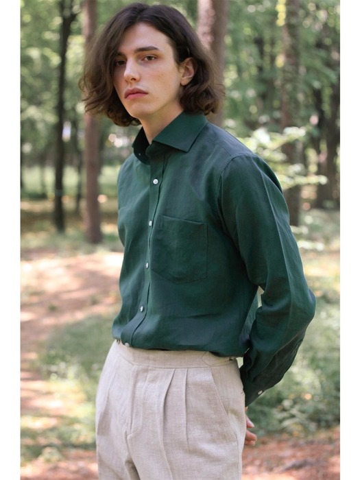 Linen Spread Collar shirt (Green)