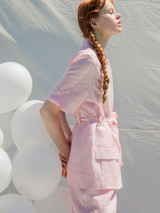 Half Sleeve Stripe Linen Jacket_Pink
