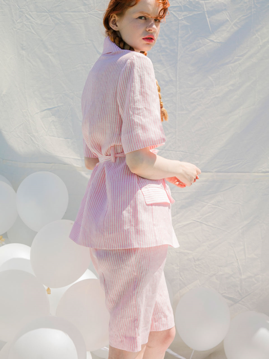 Half Sleeve Stripe Linen Jacket_Pink