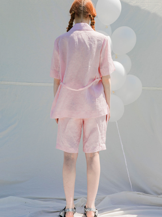 Half Sleeve Stripe Linen Jacket_Pink