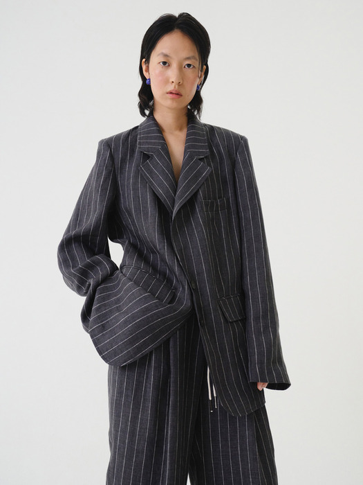 Jacket Stripe Linen Charcoal Gray