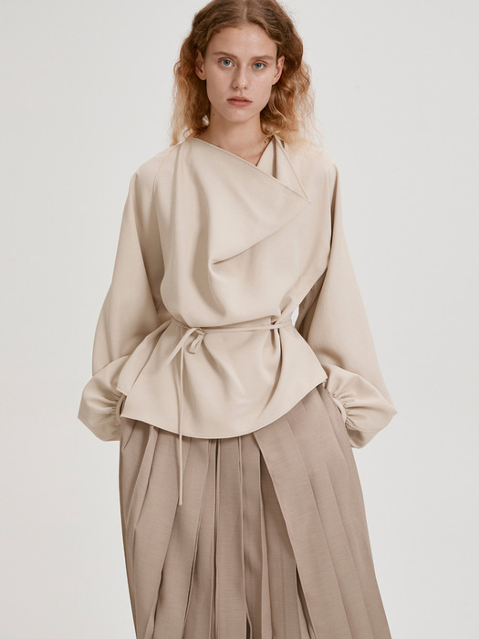 TIE-BACK LAYERED PLEATED SKIRT (BEIGE)