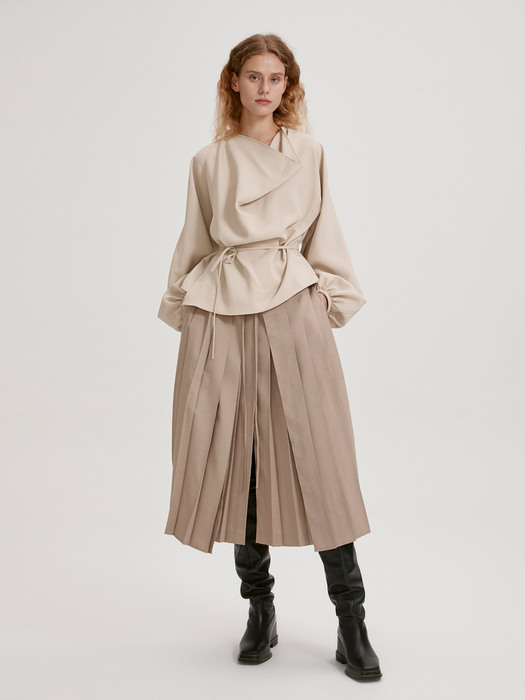 TIE-BACK LAYERED PLEATED SKIRT (BEIGE)
