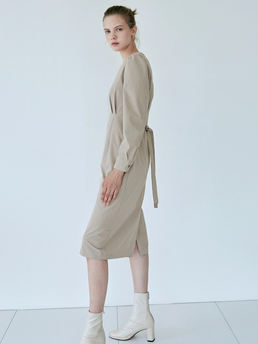 SQUARE SLIM PUFF DRESS_SAND