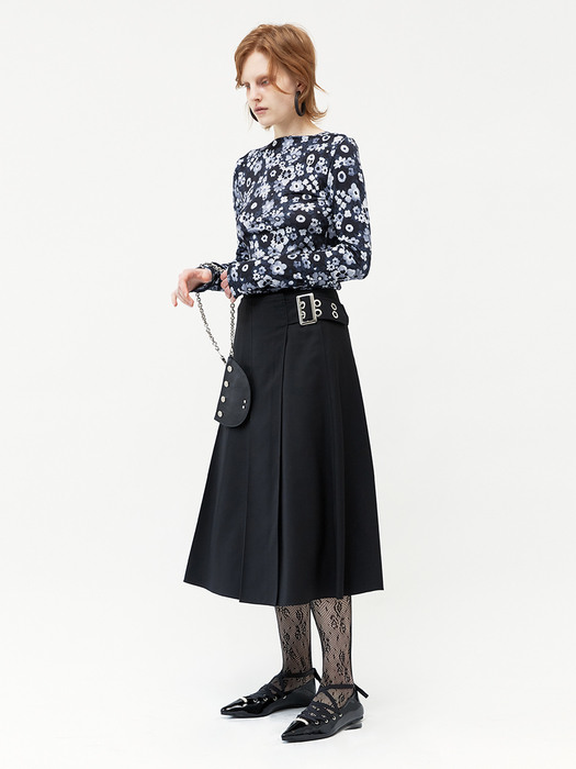 Belted Pleats Skirts (Black)