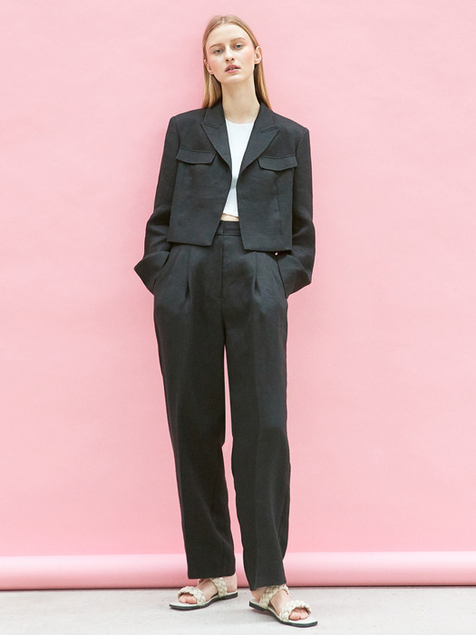 [SET] linen crop jacket + linen pintuck pants (black)