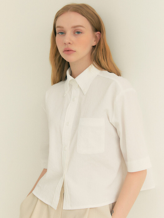  Stripe Wrinkle Pocket Crop Shirt (White)