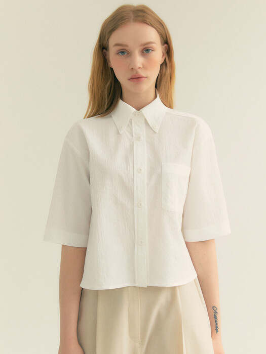  Stripe Wrinkle Pocket Crop Shirt (White)