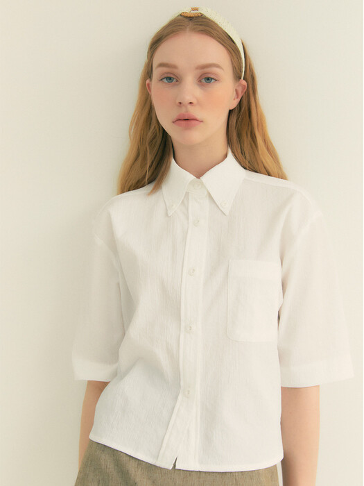  Stripe Wrinkle Pocket Crop Shirt (White)