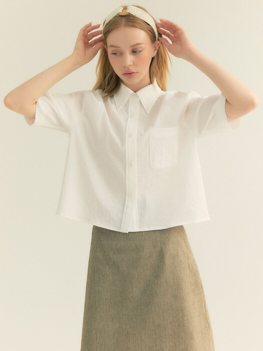  Stripe Wrinkle Pocket Crop Shirt (White)