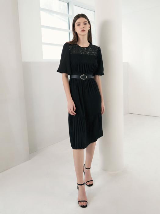 ARIANNA / See-through Puff Spangle Pleats Dress(black)