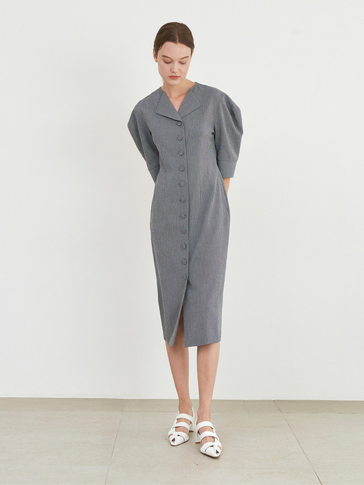 BALLOON SLEEVE DRESS BLUE GREY