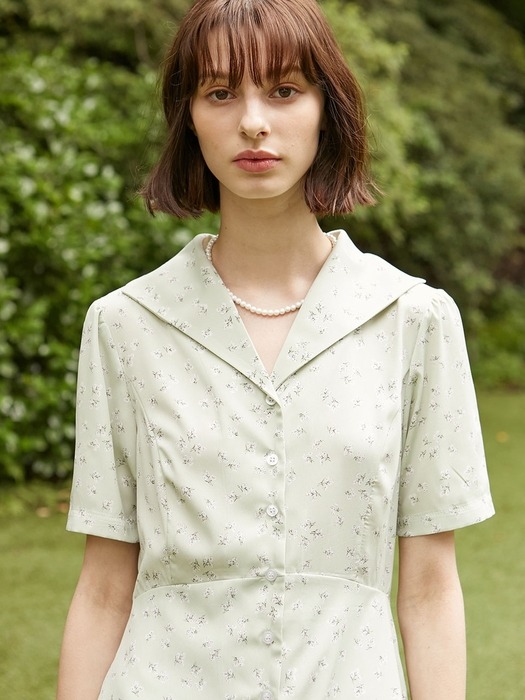Floral Collar Shirring Dress - Mint