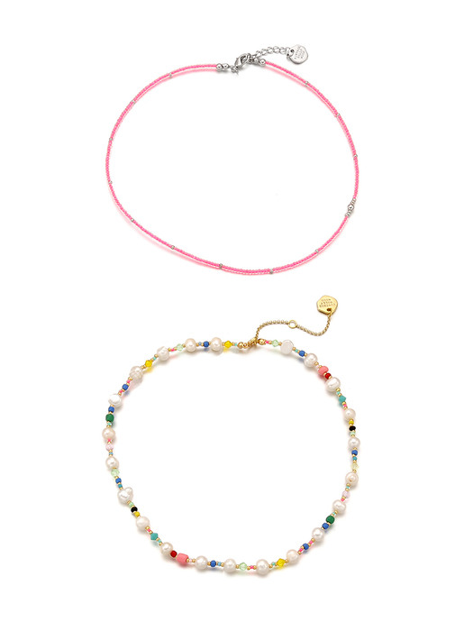 [2SET]Pink Candy Beads+Pearl n Crystal Beads Necklace