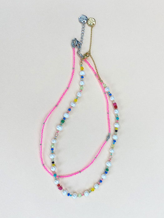[2SET]Pink Candy Beads+Pearl n Crystal Beads Necklace