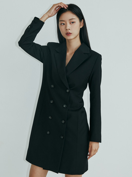 DOUBLE TAILORED COLLAR BELT JACKET ONE-PIECE BASIC BLACK