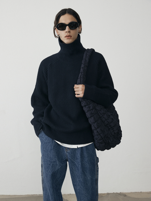 UNISEX RIBBED FUNNEL NECK WOOL SWEATER MIDNIGHT NAVY_M_UDSW1D113N3