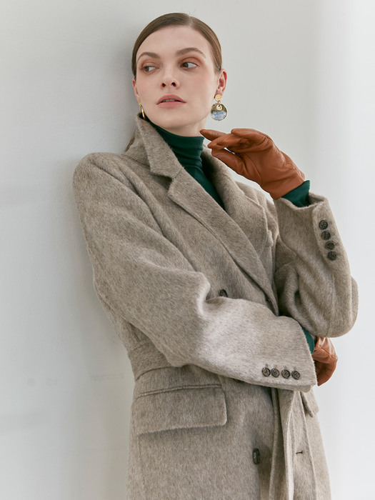 Double-breasted wool angora handmade coat  [ oatmeal, brown ]