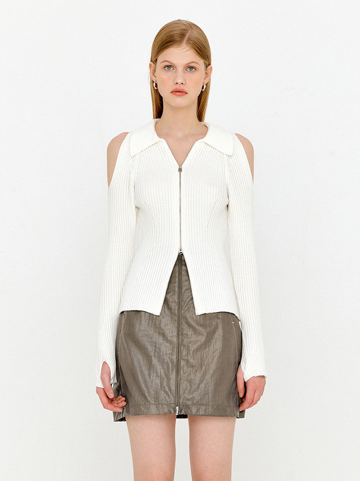SHOULDER CUT OUT TWO WAY ZIP-UP KNIT TOP - IVORY
