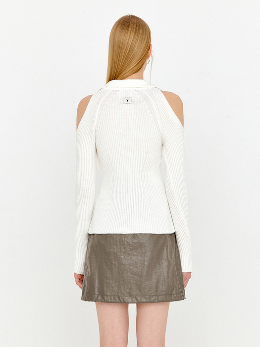 SHOULDER CUT OUT TWO WAY ZIP-UP KNIT TOP - IVORY