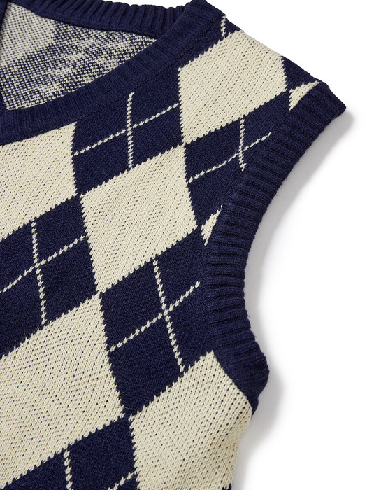 Argyle & hound check knit vest navy