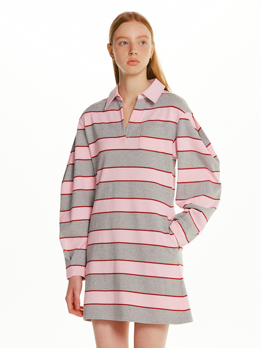 CANNOLI V-neck collar stripe mini one piece (Gray&Pink/Brown&Camel)