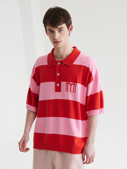 [UNISEX] PK Collar Striped Knit Sweater Red