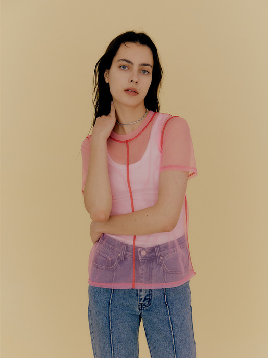 Line Stitch Mesh Jersey T-shirt / Pink + Red