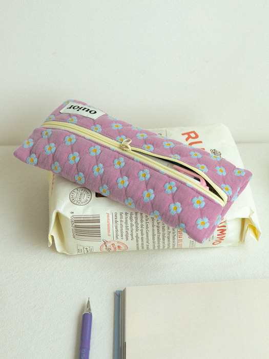 ouior flat pencil case - dot flower purple(middle zipper)