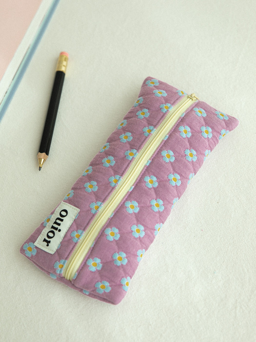 ouior flat pencil case - dot flower purple(middle zipper)