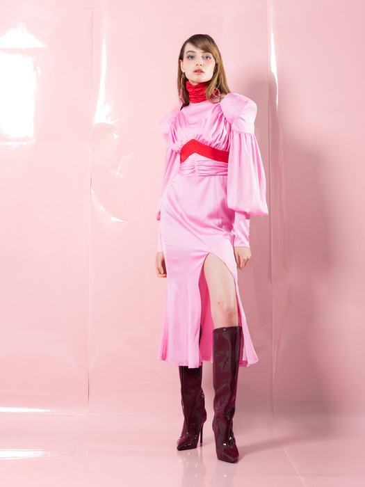 PinkRed Draping Shirring Halterneck Dress