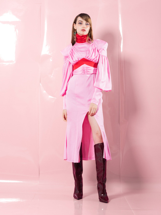 PinkRed Draping Shirring Halterneck Dress