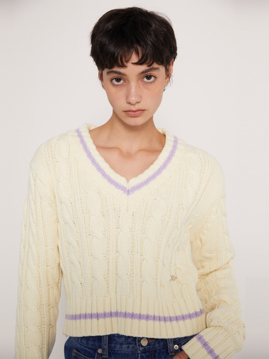 R CABLE V-NECK KNIT TOP_IVORY