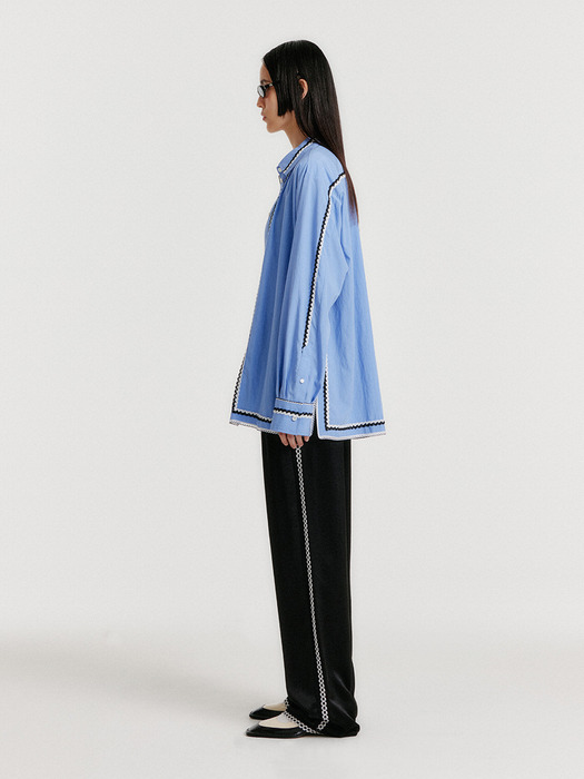 YOLO Oversized Lace Trim Shirt - Blue