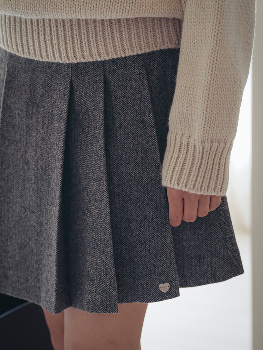 Herringbone wool pleats mini skirt_Charcoal