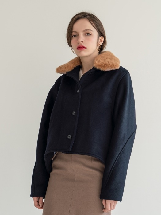 Fur Collar Wool Short Coat Navy