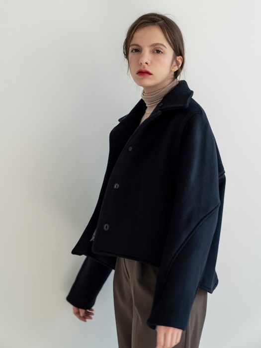 Fur Collar Wool Short Coat Navy