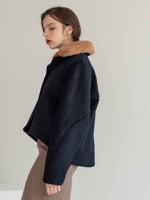 Fur Collar Wool Short Coat Navy