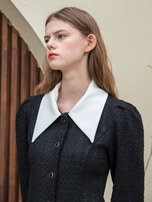 Collar Tweed Mini Dress Black