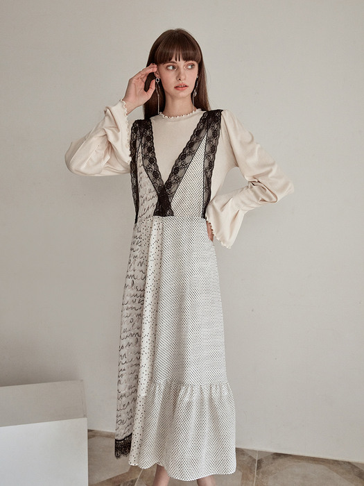 Mix Pattern Sleeveless Dress, Ivory