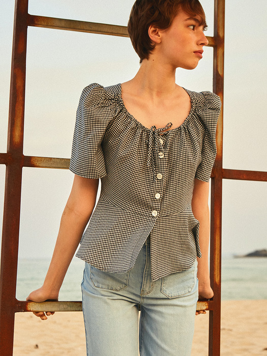 Ruched Neck Blouse_Gingham