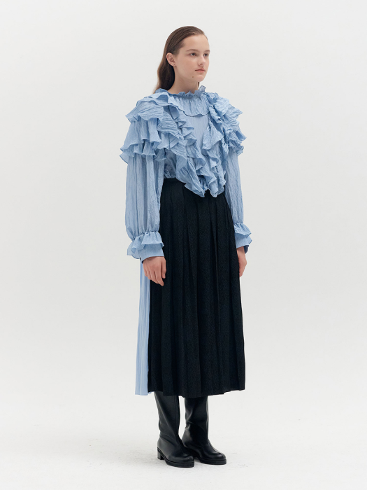 QINA Contrasted Paneled Pleated Skirt - Black/Sky Blue