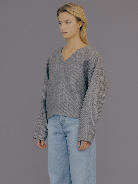 Wool V Neck Top / Gray Tweed