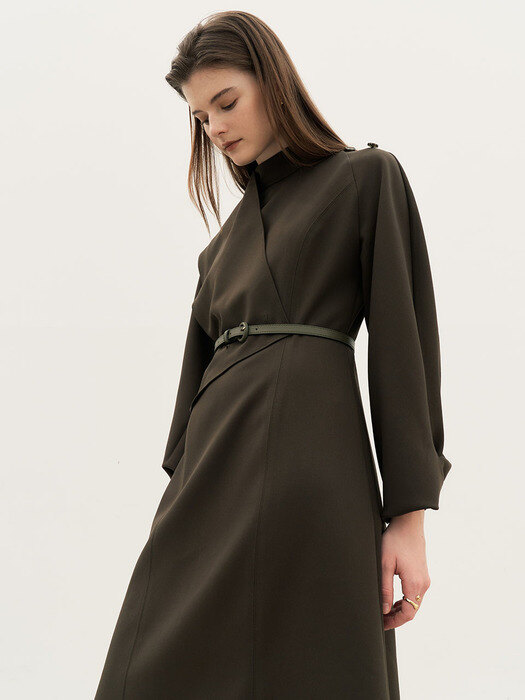 4W Muffler Layered Sleeve Twist Dress - soft camel