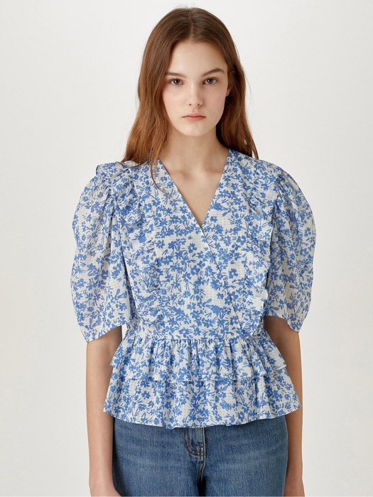 Patterned Ruffle Blouse [BLUE] JYBL1B911B2