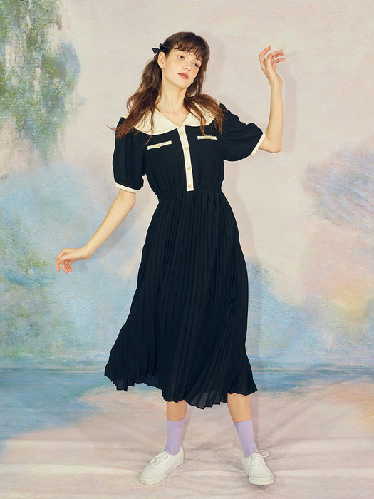 WIDE COLLAR CHIFFON DRESS - BLACK