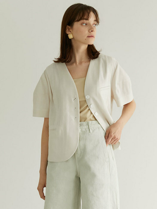 Carina No Collar Puff Sleeves Linen Jacket_Ivory