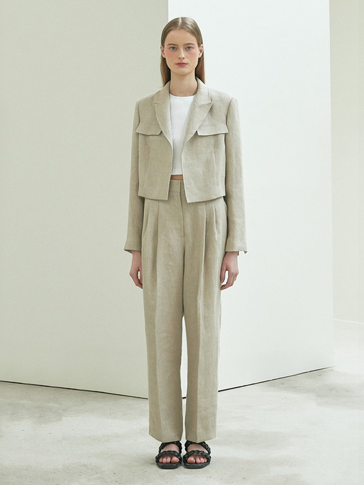 [SET] linen crop jacket + linen pintuck pants (beige)