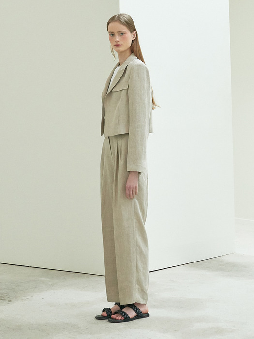 [SET] linen crop jacket + linen pintuck pants (beige)
