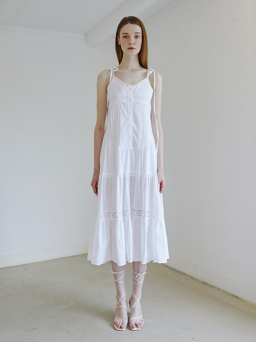 Slip Pintuck Tiered Long Dress, White